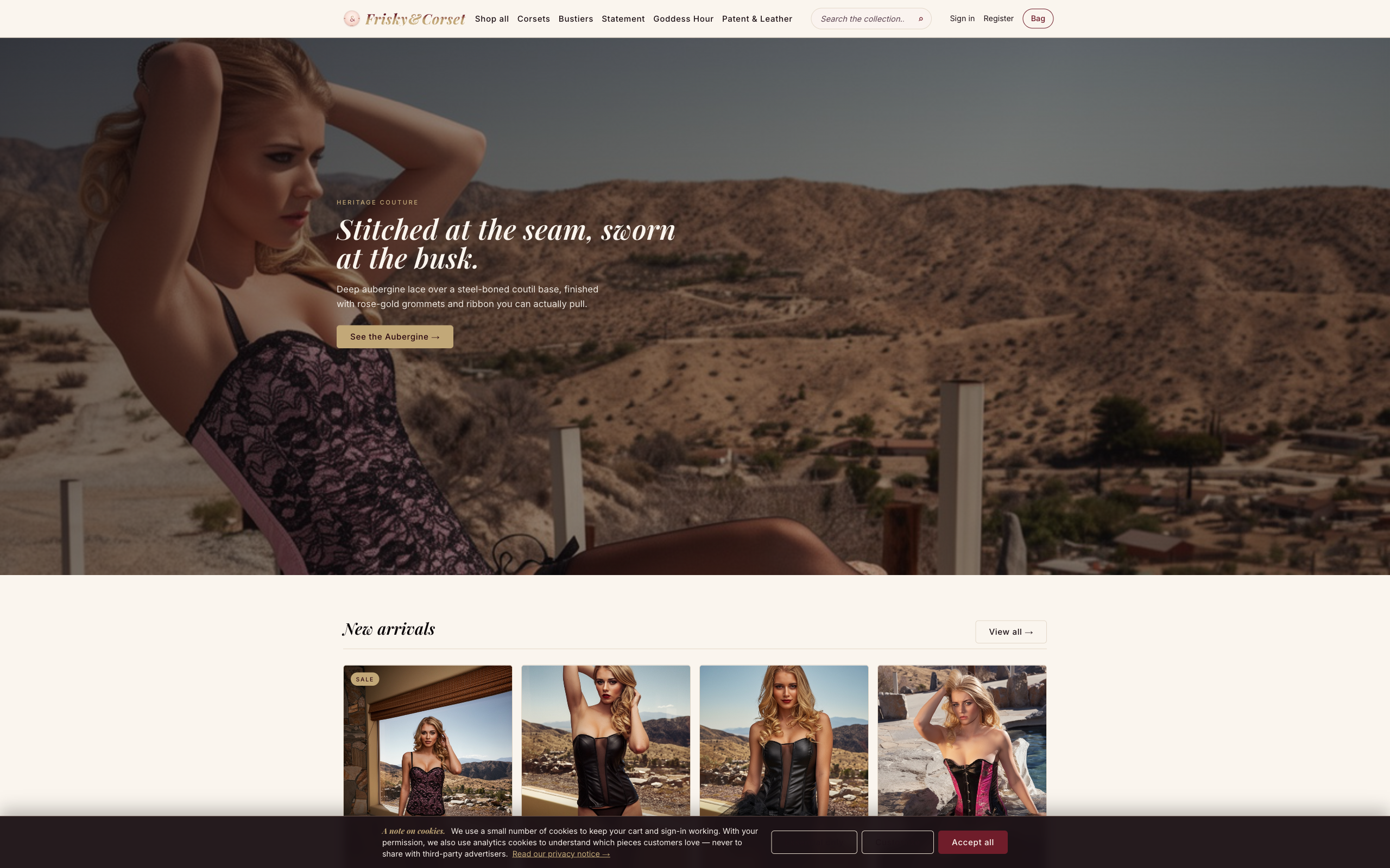 FriskyCorset.com scrolled into a curated collection — a wide editorial photograph with the line 'Stitched at the seam, sworn at the bust,' and a four-up product grid below.