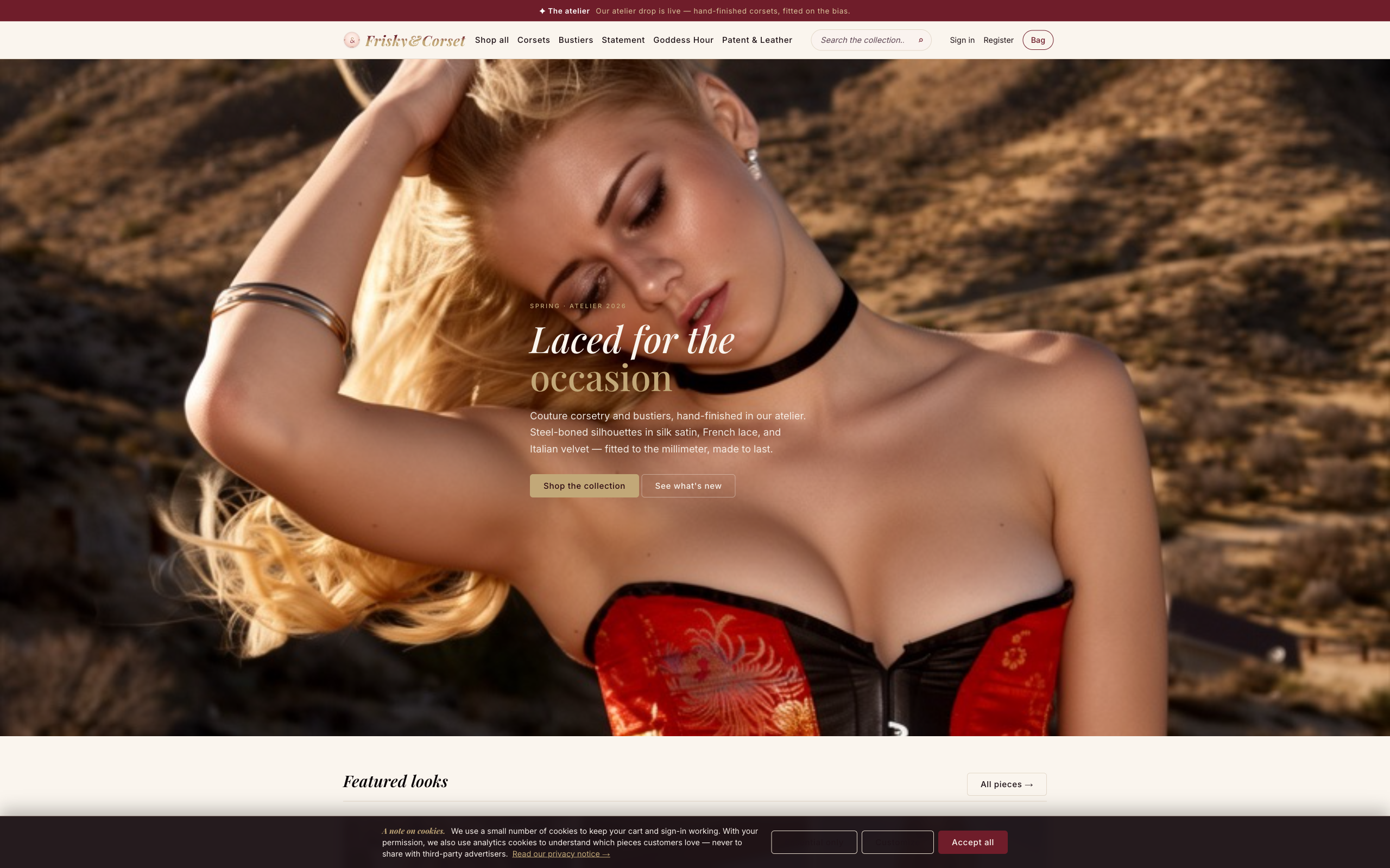 FriskyCorset.com home page — full-bleed editorial photograph of a model in a red corset against a desert horizon, with the tagline 'Laced for the occasion' overlaid in serif italic.
